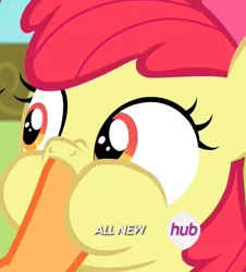 Size: 792x878 | Tagged: all new, apple bloom, cropped, derpibooru import, hoof in mouth, hoofjack, hub logo, nose wrinkle, puffy cheeks, safe, scootaloo, screencap, somepony to watch over me