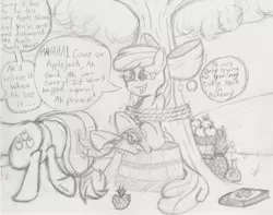 Size: 2929x2312 | Tagged: apple, apple bloom, applejack, artist:darkknighthoof, artist:darkknightwolf2011, basket, bondage, book, brush, derpibooru import, dishonorapple, feather, fetish, hoof fetish, hooves, monochrome, pineapple, potion, rope, safe, sibling tickling, tickle fetish, tickle torture, tickling, tied up, traditional art, tree, underhoof