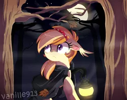 Size: 1280x1008 | Tagged: dead source, safe, artist:spookyle, derpibooru import, oc, oc:pumpkin patch, unofficial characters only, bat pony, pony, bat pony oc, bat wings, cloak, clothes, female, floppy ears, forest, freckles, hairband, lantern, looking back, mare, moon, night, night sky, scared, shrunken pupils, sky, slit eyes, solo, starry night, tree, wing hands, wings