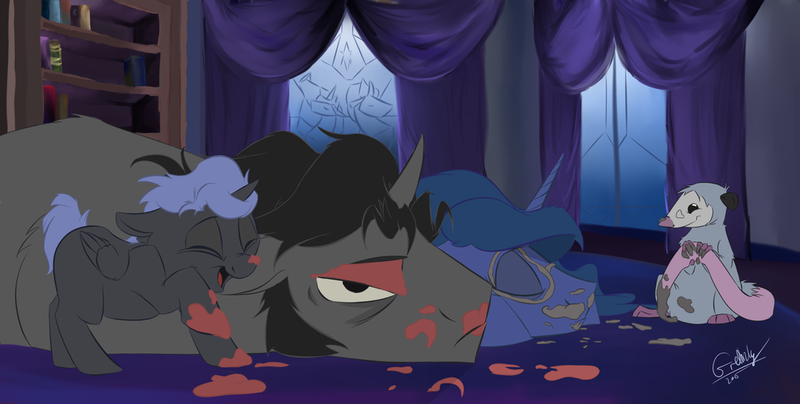 Size: 1024x517 | Tagged: safe, artist:rutkotka, derpibooru import, king sombra, princess luna, tiberius, oc, oc:orion, alicorn, opossum, pony, alicorn oc, face paint, female, king sombra is not amused, lumbra, male, offspring, parent:king sombra, parent:princess luna, parents:lumbra, prone, shipping, sleeping, straight