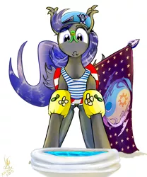 Size: 1150x1380 | Tagged: dead source, safe, artist:xsizorback, derpibooru import, oc, unofficial characters only, bat pony, pony, clothes, floaty, one-piece swimsuit, solo, swimming pool, swimsuit, vdv