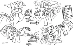 Size: 1024x653 | Tagged: safe, artist:silverwing, derpibooru import, twilight sparkle, twilight sparkle (alicorn), alicorn, pony, challenge, challenge accepted, comic, commission, computer, dust, flower, humor, monochrome, sketch, sketch dump, sneeze cloud, sneezing, spray