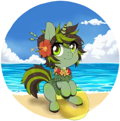 Size: 850x857 | Tagged: artist:paichitaron, beach, cloud, cloudy, derpibooru import, flower in hair, flower necklace, inner tube, oc, oc:appletini, safe, sand, simple background, solo, transparent background, unofficial characters only, water