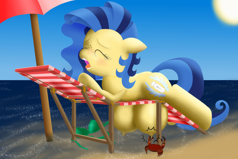Size: 1280x853 | Tagged: questionable, artist:cybersquirrel, derpibooru import, oc, oc:milky way, unofficial characters only, crab, earth pony, pony, beach, beach chair, bra, clothes, crotchboobs, crotchbra, crying, erect nipples, female, impossibly large crotchboobs, mare, nipple pinch, nipples, nudity, ouch, pinch, stuck, tears of pain, underwear