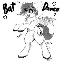 Size: 1280x1280 | Tagged: safe, artist:buttwings, derpibooru import, oc, oc:gretchen, unofficial characters only, bat pony, pony, bat pony oc, bipedal, cute, dancing, eye clipping through hair, female, fluffy, glasses, grayscale, monochrome, solo