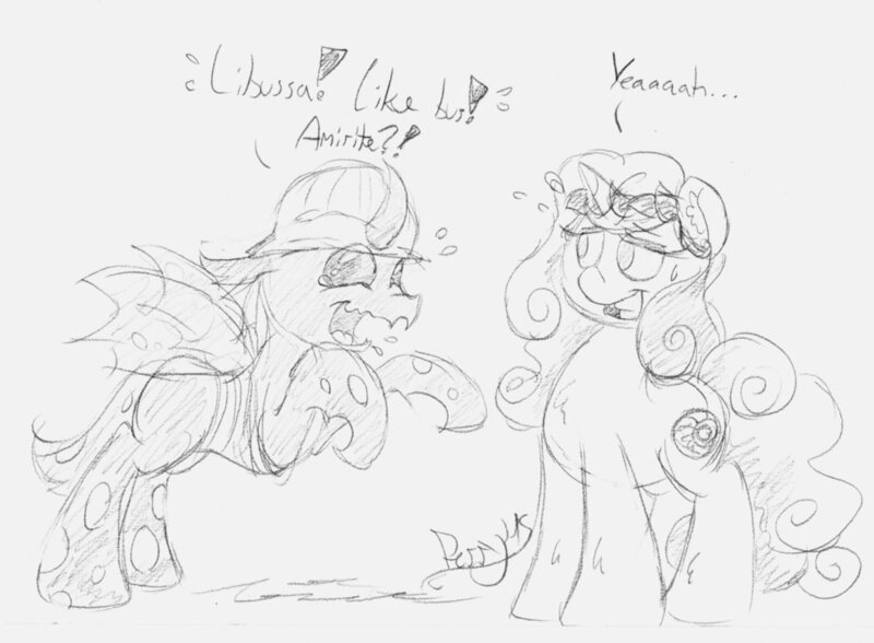 Size: 1043x766 | Tagged: artist:perrydotto, awkward, bad pickup line, changeling, czequestria, derpibooru import, drunk, hard hat, hat, oc, oc:berzie, oc:miss libussa, safe, unofficial characters only