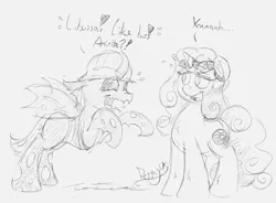 Size: 1043x766 | Tagged: artist:perrydotto, awkward, bad pickup line, changeling, czequestria, derpibooru import, drunk, hard hat, hat, oc, oc:berzie, oc:miss libussa, safe, unofficial characters only