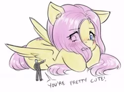 Size: 496x367 | Tagged: safe, artist:alloyrabbit, derpibooru import, fluttershy, oc, oc:anon, human, pony, blushing, captain obvious, cute, dialogue, embarrassed, giant pony, macro, size difference, truth