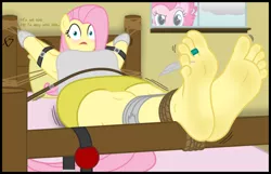Size: 5100x3290 | Tagged: anthro, armpits, artist:facelesssoles, ballgag, barefoot, blushing, bondage, clothes, derpibooru import, feather, feet, fluttershy, foot fetish, foot focus, gag, pinkie pie, plantigrade anthro, rope, soles, suggestive, tanktop, tied up, toes