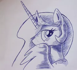 Size: 870x800 | Tagged: artist:inkygarden, ballpoint pen, blushing, derpibooru import, looking at you, monochrome, princess celestia, safe, sketch, solo, traditional art