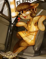 Size: 655x847 | Tagged: safe, anonymous artist, derpibooru import, pony, roan rpg, armpits, car, clothes, dress, female, flapper, mare, solo