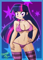Size: 2173x3000 | Tagged: artist:danmakuman, bikini, breasts, busty twilight sparkle, cleavage, clothes, derpibooru import, female, human, humanized, looking at you, panties, smiling, socks, solo, solo female, suggestive, swimsuit, thigh highs, thong, thong swimsuit, twilight sparkle, underass, underwear