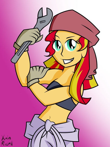 Size: 1800x2400 | Tagged: safe, artist:xain-russell, deleted from derpibooru, derpibooru import, sunset shimmer, ask sunset the otaku, equestria girls, belly button, clothes, cosplay, costume, fullmetal alchemist, midriff, solo, winry rockbell