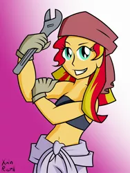 Size: 1800x2400 | Tagged: safe, artist:xain-russell, deleted from derpibooru, derpibooru import, sunset shimmer, ask sunset the otaku, equestria girls, belly button, clothes, cosplay, costume, fullmetal alchemist, midriff, solo, winry rockbell