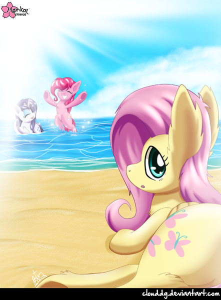 Size: 663x900 | Tagged: artist:clouddg, beach, derpibooru import, fluffy, fluttershy, ocean, pinkie pie, rarity, safe