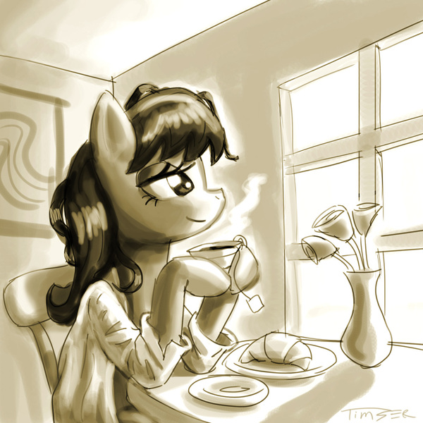 Size: 1000x1000 | Tagged: dead source, safe, artist:pluckyninja, derpibooru import, octavia melody, earth pony, pony, bed mane, bedroom eyes, chair, clothes, croissant, cup, drink, female, flower, food, mare, monochrome, morning, morning ponies, plate, sitting, smiling, solo, table, tea, vase, vest, window