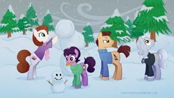 Size: 1366x768 | Tagged: safe, artist:lissystrata, derpibooru import, ponified, pony, barbara wright, crossover, doctor who, first doctor, ian chesterton, snow, snowfall, snowman, susan foreman, winter