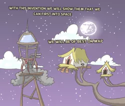 Size: 1280x1086 | Tagged: safe, artist:switchy, derpibooru import, gryphon, astronaut, griffonstone, mare in the moon, moon, night, rocket, space program, tree branch, treehouse