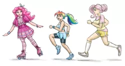 Size: 1600x853 | Tagged: artist:king-kakapo, clothes, derpibooru import, dress, fluttershy, human, humanized, jogging, midriff, pinkie pie, rainbow dash, roller skates, safe, shorts, skirt, sneakers, sneakers fetish, socks