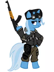 Size: 228x300 | Tagged: safe, artist:not_shiggy, derpibooru import, trixie, pony, ak-47, assault rifle, bipedal, clothes, gas mask, gun, solo, uniform, weapon