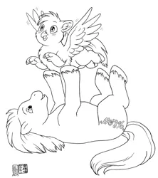 Size: 887x1000 | Tagged: safe, artist:kacey miyagami, derpibooru import, oc, oc:long path, oc:lucida path, unofficial characters only, classical hippogriff, earth pony, hippogriff, pony, fanfic:a different perspective, cute, fanfic art, foal, monochrome, unshorn fetlocks