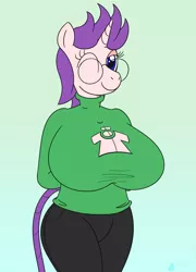 Size: 1752x2430 | Tagged: suggestive, artist:gunpowdergreentea, derpibooru import, oc, oc:peony burst, unofficial characters only, anthro, unicorn, big breasts, boob window, breasts, cleavage, clothes, female, glasses, huge breasts, impossibly large breasts, rope, solo, sweater, wink