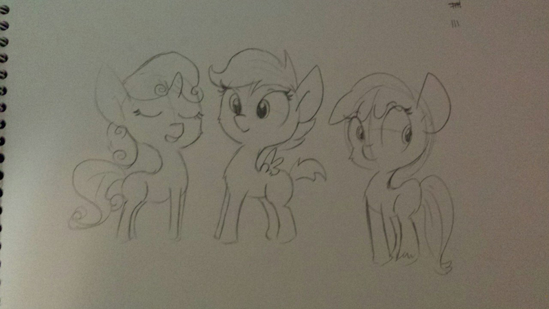 Size: 1280x720 | Tagged: safe, artist:tjpones, derpibooru import, apple bloom, scootaloo, sweetie belle, cutie mark crusaders, monochrome, traditional art