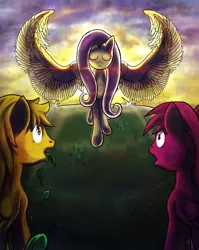 Size: 4178x5254 | Tagged: safe, artist:wildy71090, derpibooru import, fluttershy, oc, oc:megnii, oc:spesci, pegasus, pony, fanfic:the powers of harmony, absurd resolution, eyes closed, fanfic art, large wings, shocked