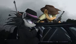 Size: 2000x1155 | Tagged: safe, artist:ncmares, derpibooru import, applejack, octavia melody, pony, car, clothes, colored pupils, gun, hat, mafia octavia, newbie artist training grounds, pistol, revolver, tommy gun