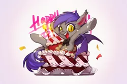 Size: 1024x681 | Tagged: safe, artist:ciciya, derpibooru import, oc, oc:midnight blossom, unofficial characters only, bat pony, pony, birthday cake, bowtie, cake, candle, cute, happy birthday, hooves up, looking at you, open mouth, solo