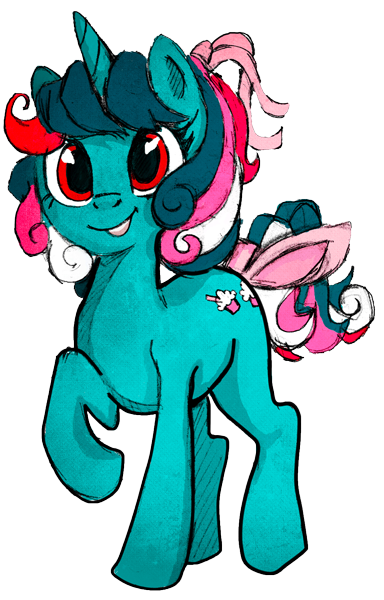 Size: 384x600 | Tagged: safe, artist:dbkit, derpibooru import, fizzy, pony, twinkle eyed pony, unicorn, cute, female, g1, g1 to g4, generation leap, grin, looking at you, mare, raised hoof, ribbon, simple background, smiling, solo, transparent background