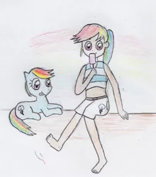 Size: 1172x1332 | Tagged: artist:foxy1219, barefoot, belly button, derpibooru import, feet, human, humanized, midriff, rainbow dash, safe, traditional art