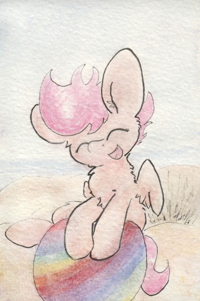 Size: 690x1036 | Tagged: safe, artist:slightlyshade, derpibooru import, scootaloo, ball, solo, traditional art