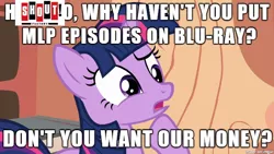 Size: 610x343 | Tagged: blu-ray, derpibooru import, image macro, meme, money, safe, screencap, shout factory, twilight sparkle