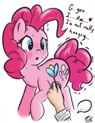 Size: 771x995 | Tagged: safe, artist:pilla, derpibooru import, pinkie pie, oc, oc:anon, earth pony, human, pony, ..., :o, blushing, crying, dialogue, eyes on the prize, female, flower, hand, heart, implied anon, mare, pinkie sense, raised hoof, shivering, shy, simple background, white background
