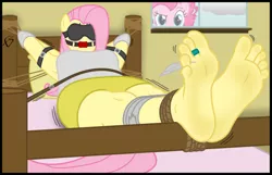Size: 5100x3290 | Tagged: anthro, armpits, artist:facelesssoles, ballgag, barefoot, blindfold, blushing, bondage, clothes, derpibooru import, feather, feet, fluttershy, foot fetish, foot focus, gag, pinkie pie, plantigrade anthro, rope, soles, suggestive, tanktop, tied up, toes