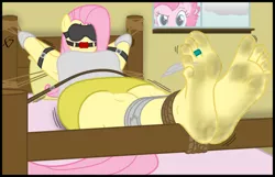 Size: 5100x3290 | Tagged: anthro, armpits, artist:facelesssoles, ballgag, barefoot, blindfold, blushing, bondage, clothes, derpibooru import, dirty, feather, feet, fluttershy, foot fetish, foot focus, gag, pinkie pie, plantigrade anthro, rope, soles, solo, suggestive, tanktop, tied up, toes