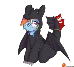 Size: 1650x1500 | Tagged: safe, artist:alasou, deleted from derpibooru, derpibooru import, rainbow dash, semi-anthro, clothes, costume, cute, dashabetes, freckles, how to train your dragon, kigurumi, kneeling, looking at you, patreon, patreon logo, simple background, smiling, solo, spread wings, toothless the dragon, transparent background