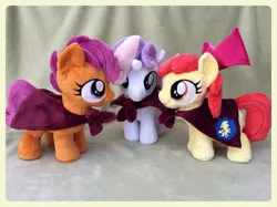 Size: 1600x1195 | Tagged: apple bloom, artist:equinepalette, cape, clothes, cmc cape, cutie mark crusaders, derpibooru import, irl, photo, plushie, safe, scootaloo, sweetie belle