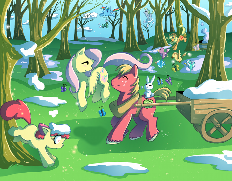 Size: 1000x780 | Tagged: safe, artist:butterscotch25, derpibooru import, angel bunny, apple bloom, applejack, big macintosh, derpy hooves, fluttershy, rainbow dash, tank, bird, butterfly, earth pony, pony, winter wrap up, cloud, eyes closed, fluttermac, flying, male, pet, shipping, snow, snow on head, stallion, straight, tree, wagon