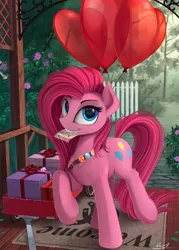 Size: 1800x2517 | Tagged: safe, artist:yakovlev-vad, derpibooru import, pinkie pie, earth pony, pony, badge, balloon, cute, cuteamena, female, fluffy, grin, invitation, looking at you, mare, mouth hold, pinkamena diane pie, present, raised hoof, raised leg, scenery, smiling, solo, wagon