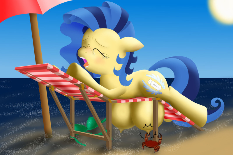 Size: 1280x853 | Tagged: questionable, artist:cybersquirrel, derpibooru import, oc, oc:milky way, unofficial characters only, crab, earth pony, pony, beach, beach chair, bra, clothes, crotchboobs, crotchbra, crying, erect nipples, female, impossibly large crotchboobs, mare, nipple pinch, nipples, nudity, pinch, stuck, underwear