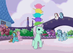 Size: 498x360 | Tagged: safe, derpibooru import, screencap, minty, pony, a charming birthday, animated, balancing, bowing, clumsy, fail, g3, oh minty minty minty, silly, silly pony, smiling, teapot