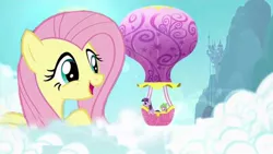 Size: 640x360 | Tagged: safe, artist:seattlesister, derpibooru import, fluttershy, spike, twilight sparkle, pony, balloon, cloud, cloudy, giant pony, hot air balloon, sky