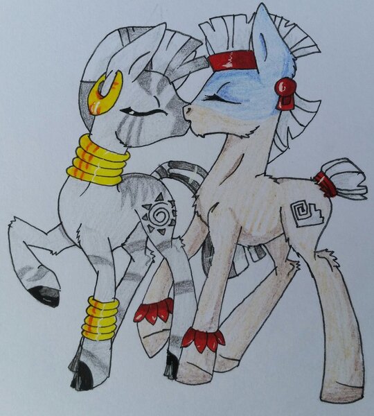 Size: 848x943 | Tagged: artist:bleedingwings12, derpibooru import, female, kissing, male, safe, shipping, straight, temple chant, traditional art, zebra, zechant, zecora