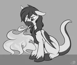 Size: 1280x1085 | Tagged: safe, artist:meggchan, derpibooru import, oc, oc:jet brasshide, unofficial characters only, hybrid, pegasus, pony, explicit source, fire, fire breath, monochrome, solo, wink