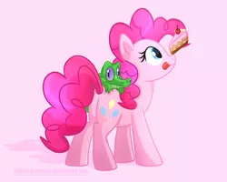 Size: 2500x2000 | Tagged: safe, artist:xwhitedreamsx, derpibooru import, gummy, pinkie pie, pony, balancing, cake, pink background, ponies balancing stuff on their nose, simple background, solo, tongue out