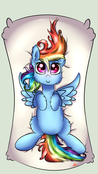 Size: 1024x1809 | Tagged: safe, artist:scarletcurl, derpibooru import, rainbow dash, cute, dashabetes, on back, pillow, solo