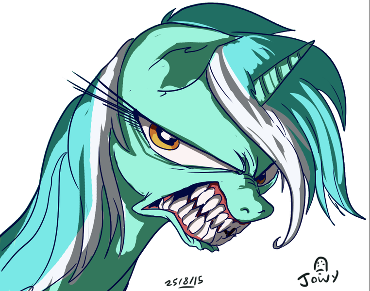 Size: 978x770 | Tagged: semi-grimdark, artist:jowybean, derpibooru import, lyra heartstrings, angry, glare, growling, nightmare fuel, sharp teeth, solo, teeth