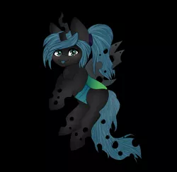 Size: 1280x1243 | Tagged: safe, artist:octacats, derpibooru import, queen chrysalis, changeling, changeling queen, alternate hairstyle, chibi, cute, cutealis, female, looking at you, ponytail, smiling, solo, tongue out